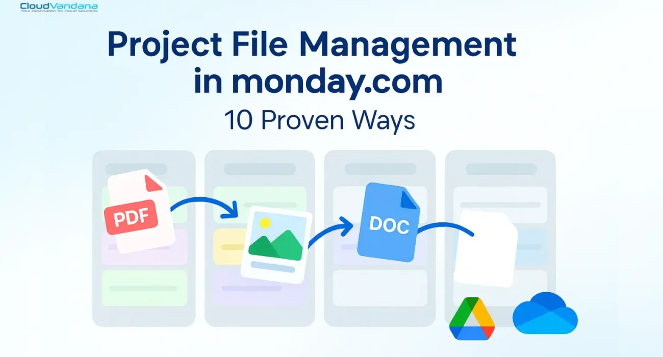 Blog banner illustrating project file management in monday.com with file icons (PDF, DOC, images) moving across colorful board columns, alongside Google Drive and OneDrive logos.