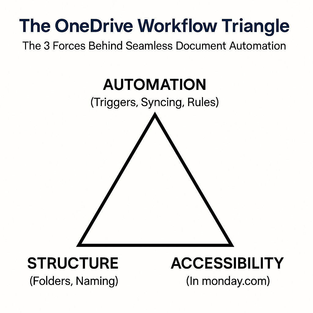 OneDrive Workflow Triangle showing Structure, Automation, and Accessibility pillars