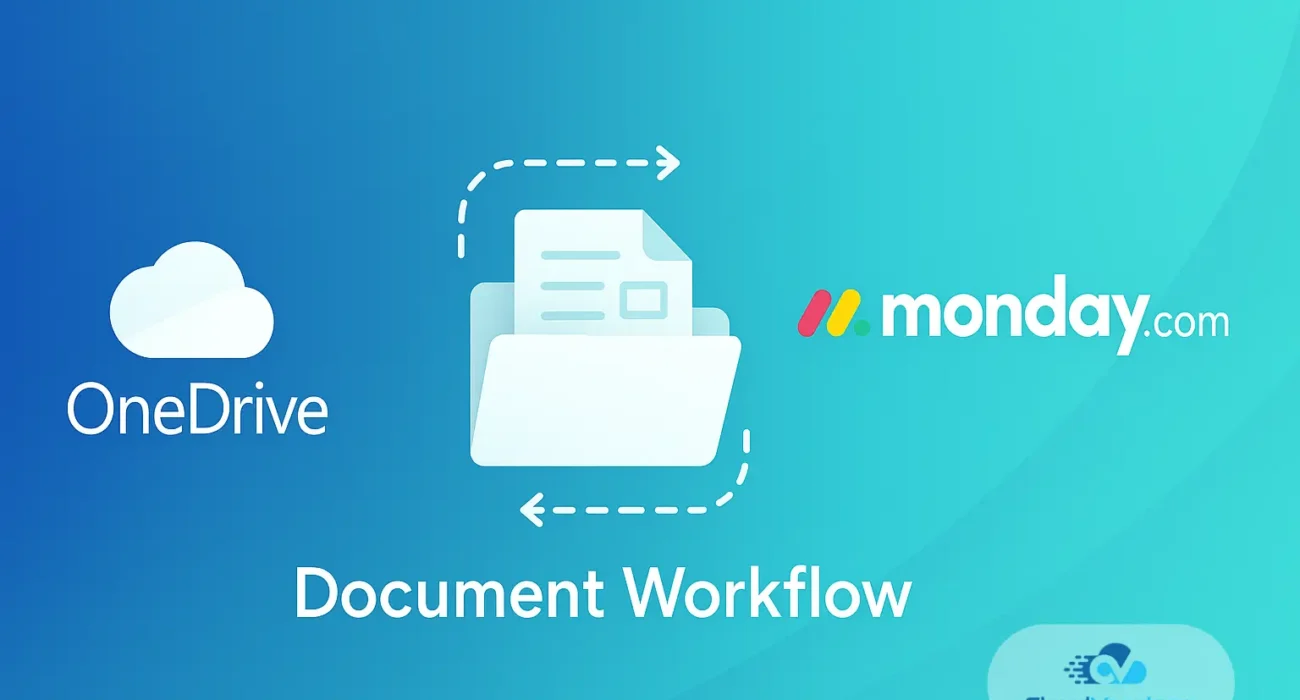 Gradient banner illustrating seamless document workflow between OneDrive and monday.com, featuring the OneDrive cloud icon, a central folder with document arrows, and the monday.com logo.