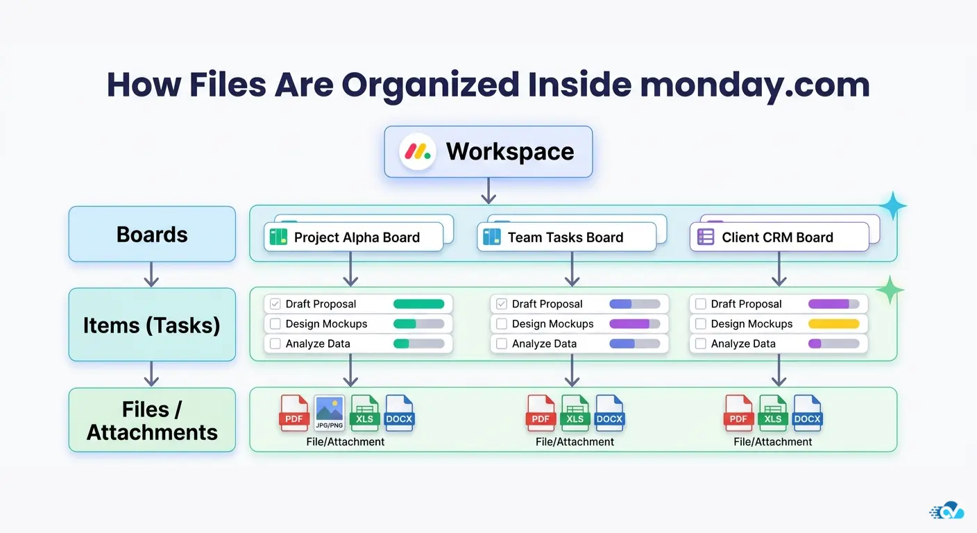 Structure showing how files in monday.com are attached to items within boards inside a workspace.