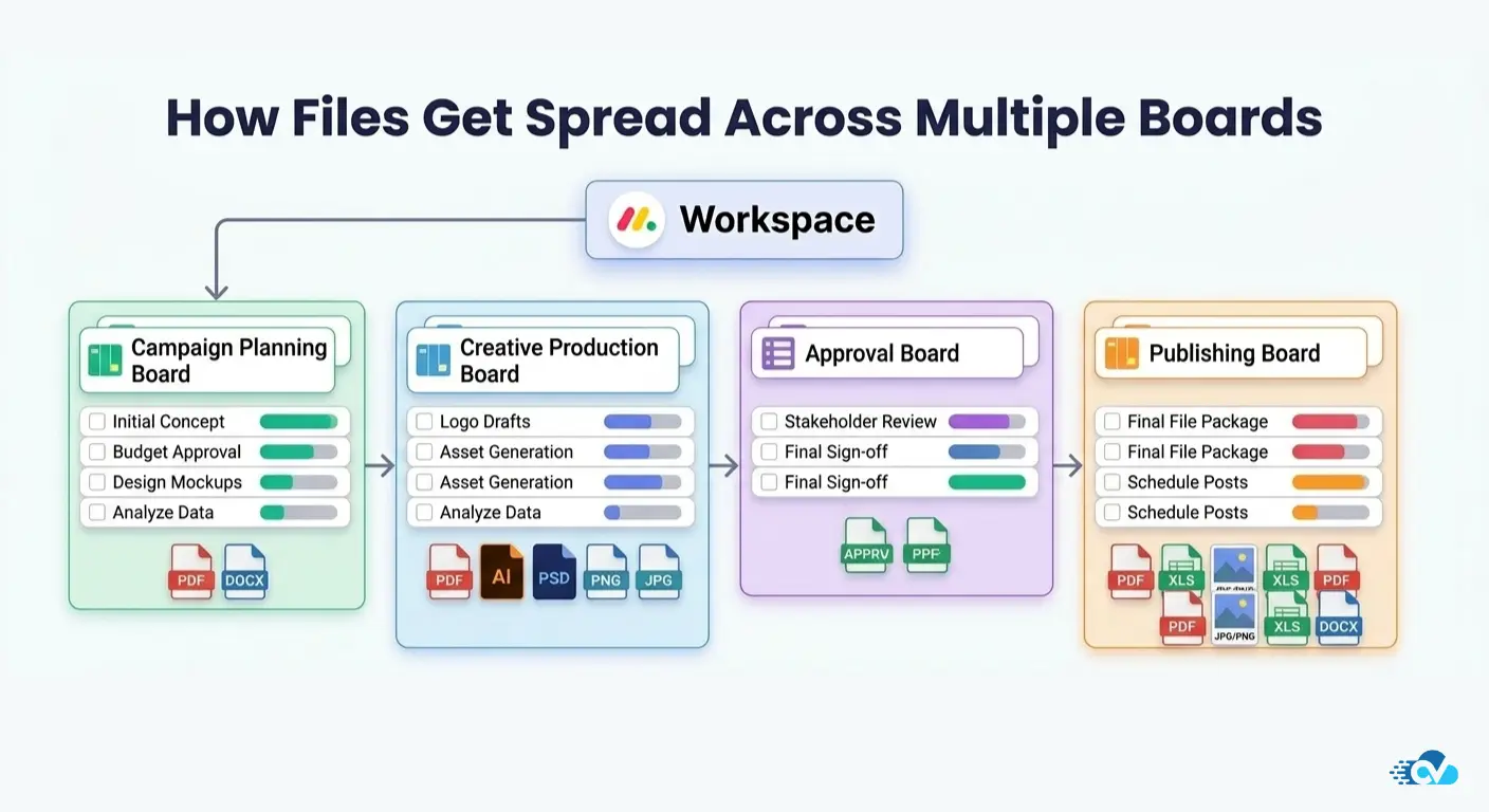 Illustration showing files being uploaded across multiple monday.com boards during a project workflow.
