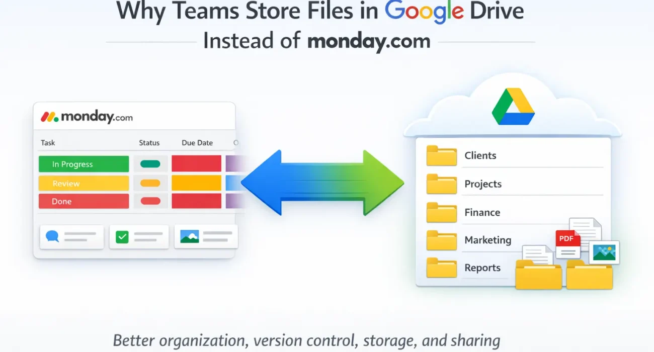 monday.com project board connected to Google Drive folders showing better file storage and organization workflow.